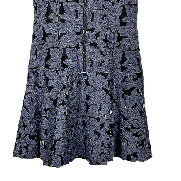 ALICE + OLIVIA FONDA SLEEVELESS DROP WAIST DENIM FLORAL APPLIQUE MINI DRESS - Picture 11 of 16